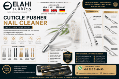 Premium Cuticle Pusher & Nail Cleaner manufacturer offering OEM, private label, wholesale beauty instruments, low MOQ, and fast shipping for USA beauty brands and Amazon sellers. Cuticle Pusher & Nail Cleaner Manufacturer Professional Cuticle Pusher & Nail Cleaner Stainless Steel Cuticle Pusher OEM Beauty Instruments Manufacturer Elahi Vertex Surgico Cuticle Pusher
